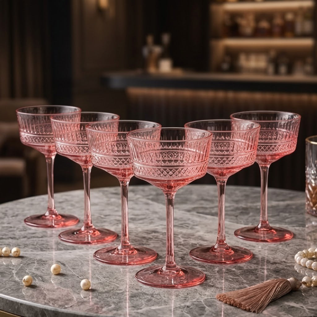 Vintage Rose Pink Embossed Coupe Glass Set (Set of 5)