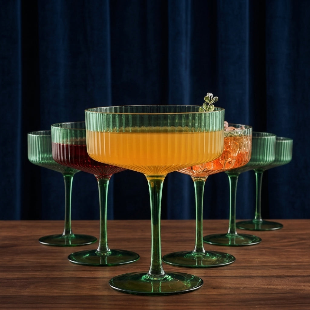 Emerald Green Fluted Glass Coupe Set (Set of 6)