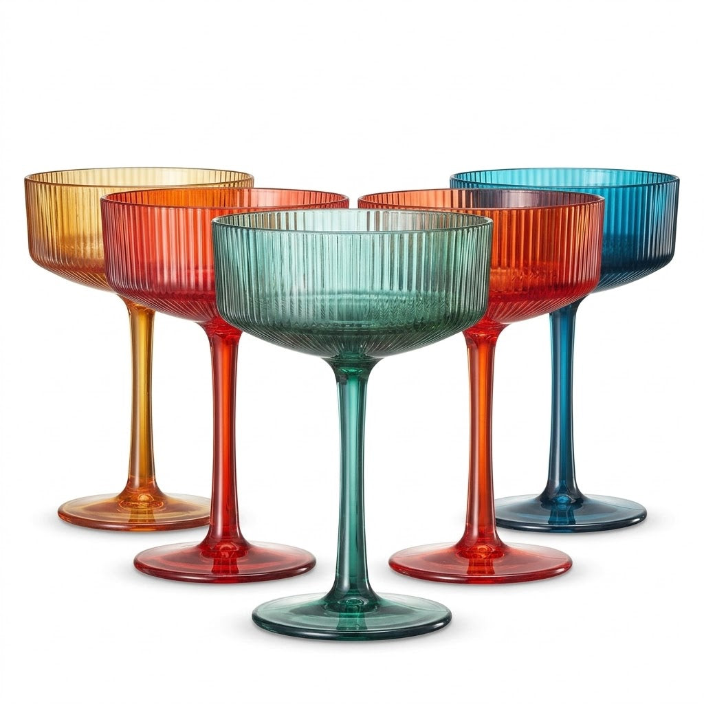 Jewel-Toned Ribbed Coupe Glass Set (Set of 5)