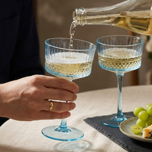 Vintage Blue Embossed Coupe Glass Set (Set of 6)