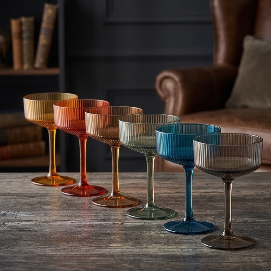 Jewel-Toned Ribbed Coupe Glass Set (Set of 5)