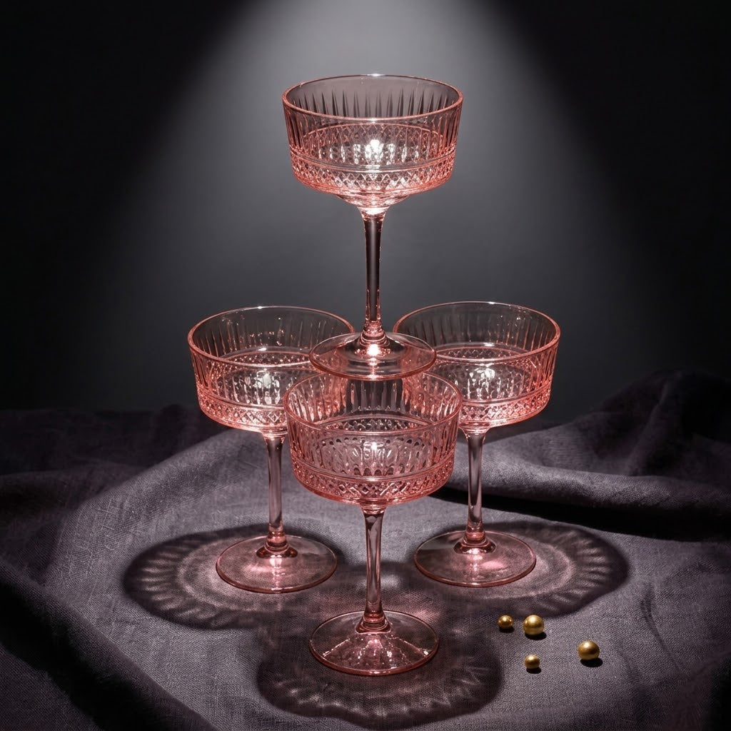 Vintage Rose Pink Embossed Coupe Glass Set (Set of 5)