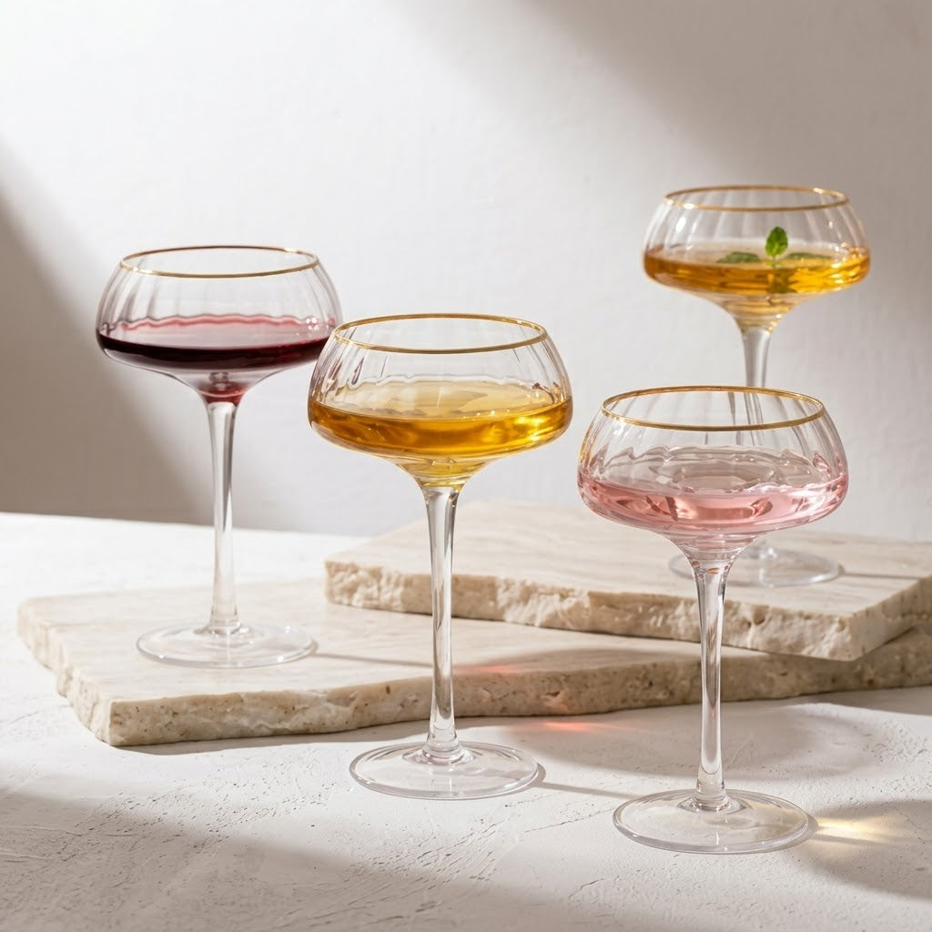 Gold-Rimmed Fluted Coupe Glass Set (Set of 4)