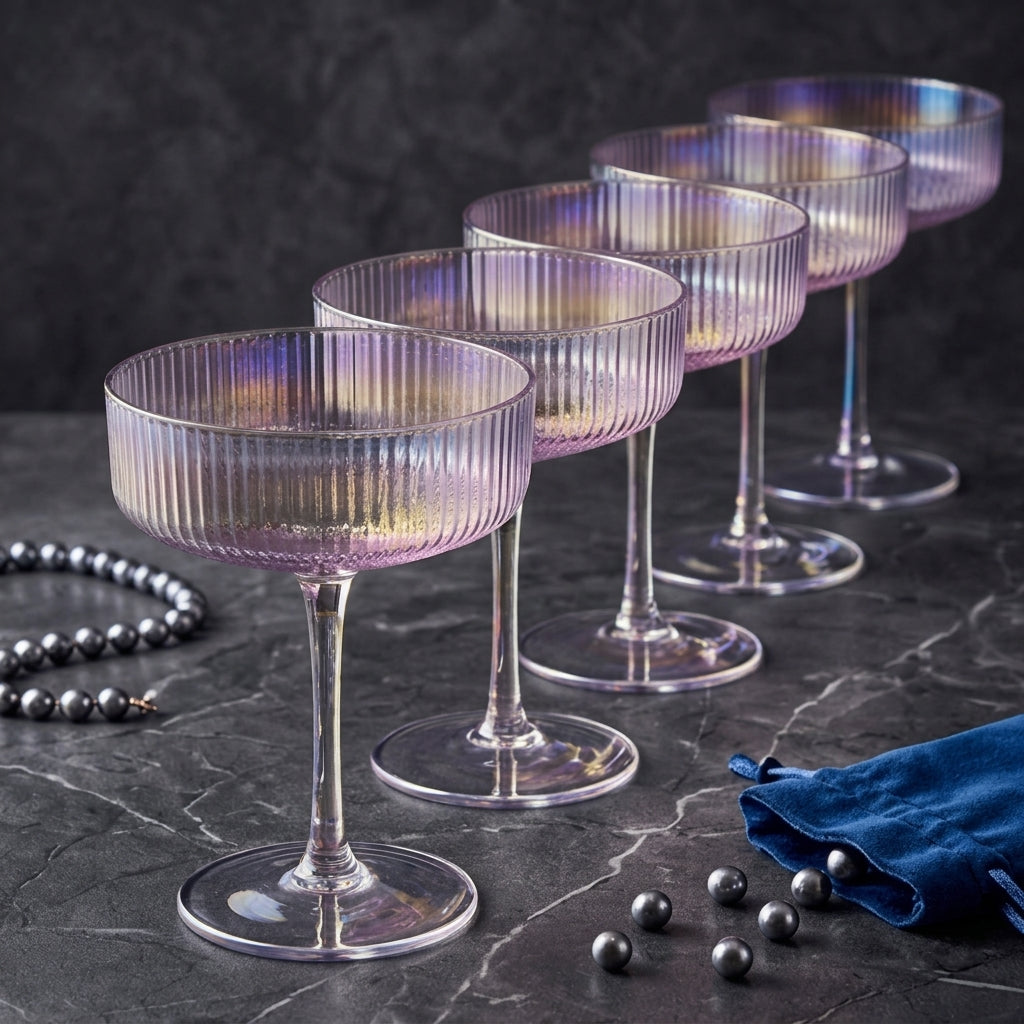 Iridescent Ribbed Coupe Glass Set with Gold Stems (Set of 6)