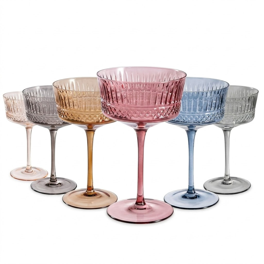 Vintage Multicolor Embossed Coupe Glass Set (Set of 6)