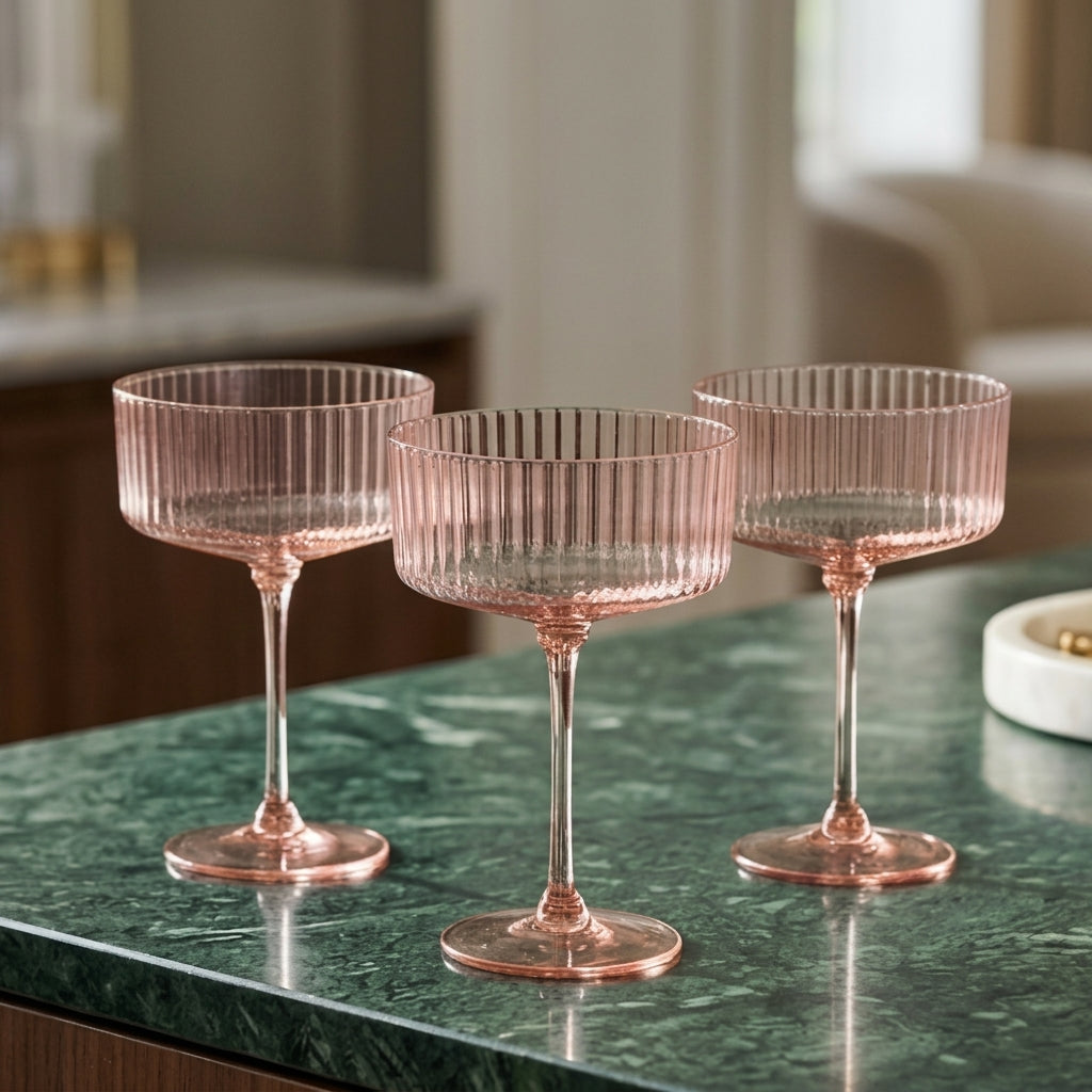 Blush Pink Ribbed Coupe Glass Set (Set of 3)