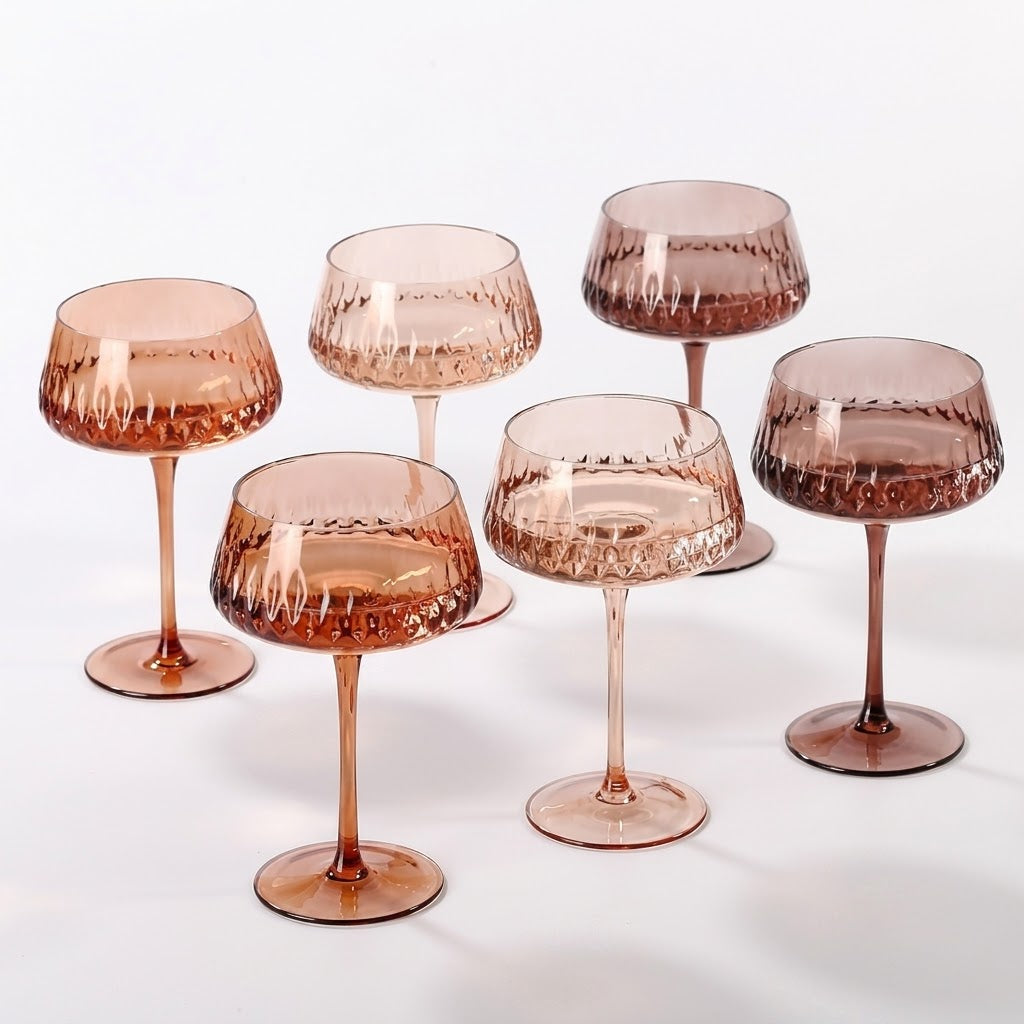 Smoky Mauve Faceted Coupe Glass Set (Set of 6)