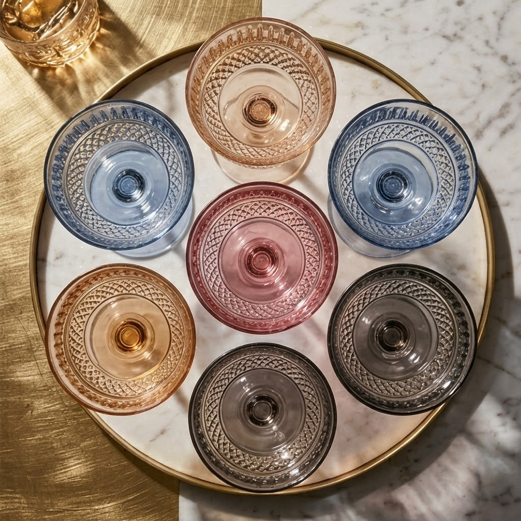 Vintage Multicolor Embossed Coupe Glass Set (Set of 6)