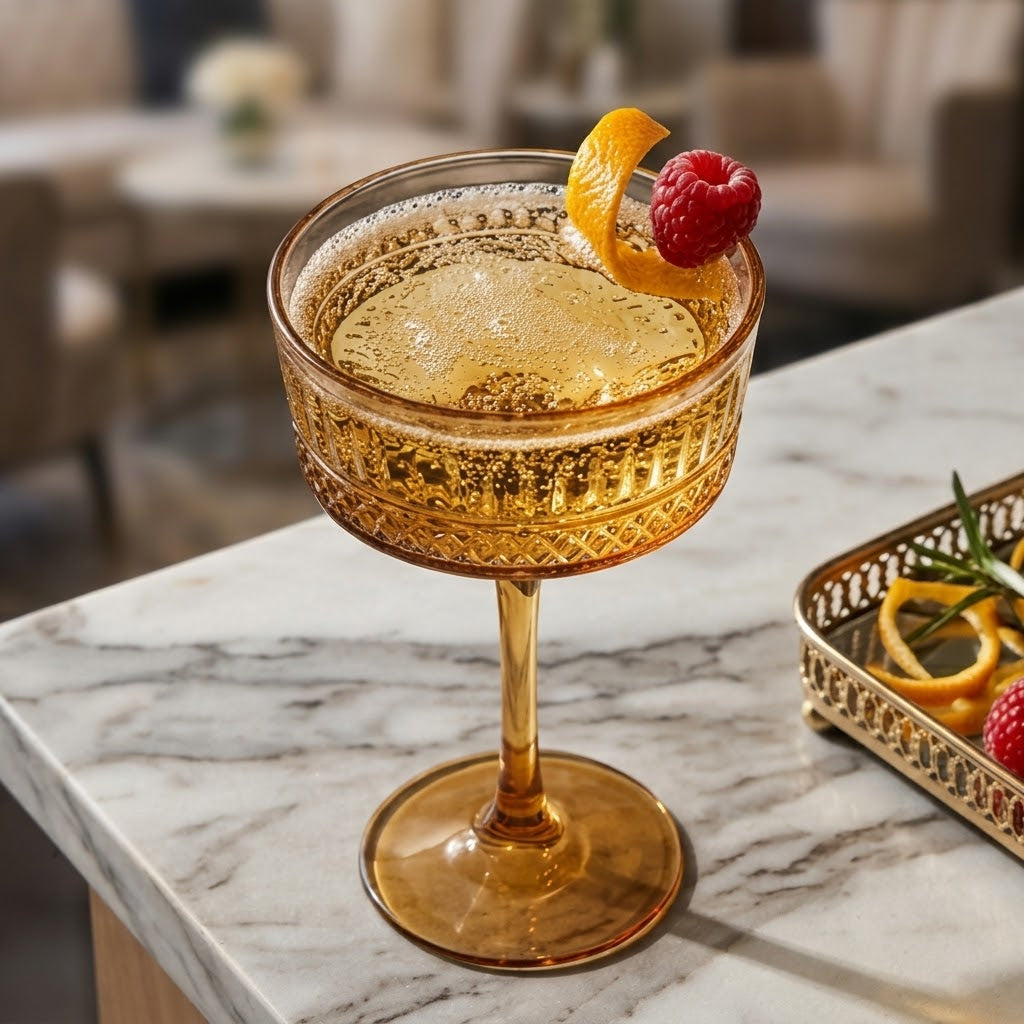 Vintage Amber Embossed Coupe Glass Set (Set of 6)