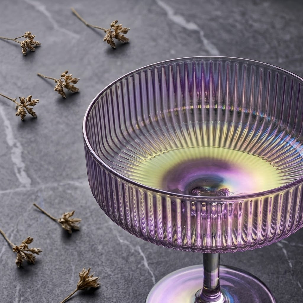 Iridescent Ribbed Coupe Glass Set with Gold Stems (Set of 6)