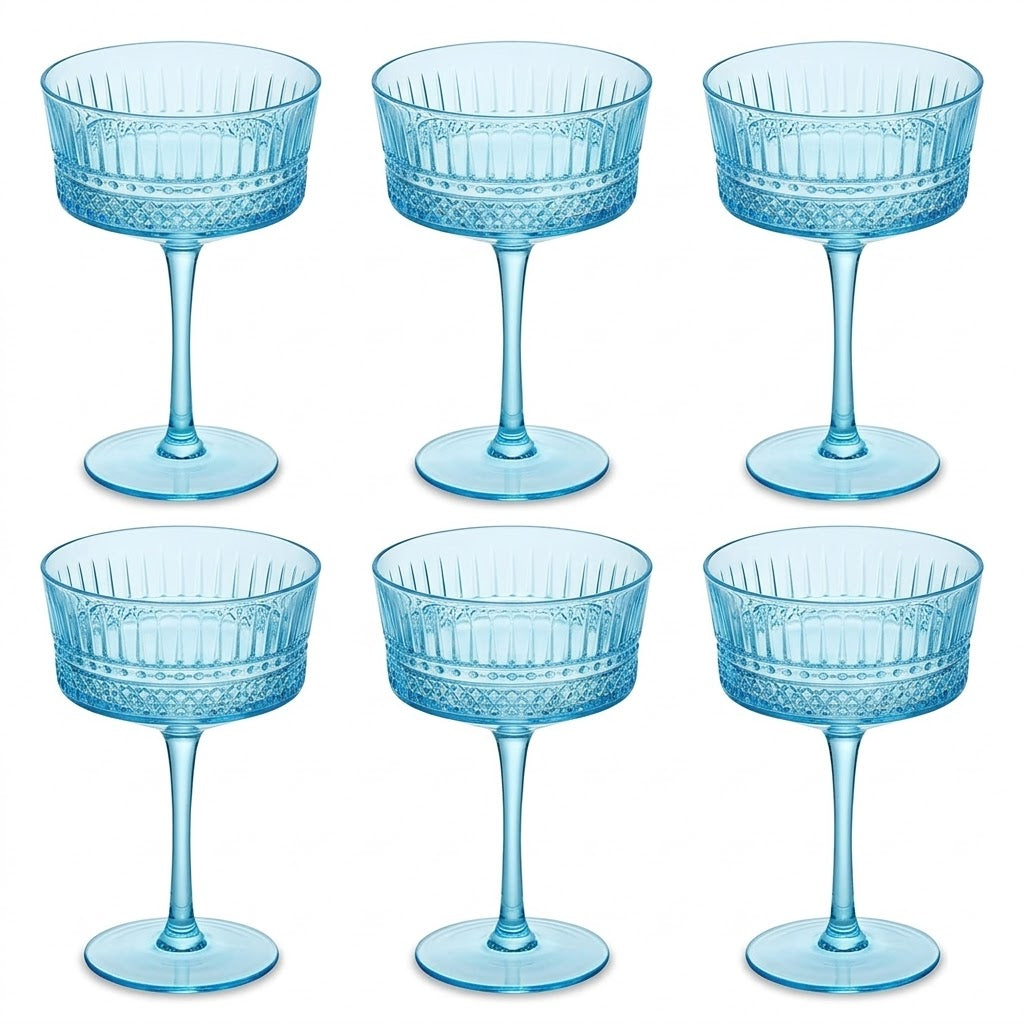 Vintage Blue Embossed Coupe Glass Set (Set of 6)
