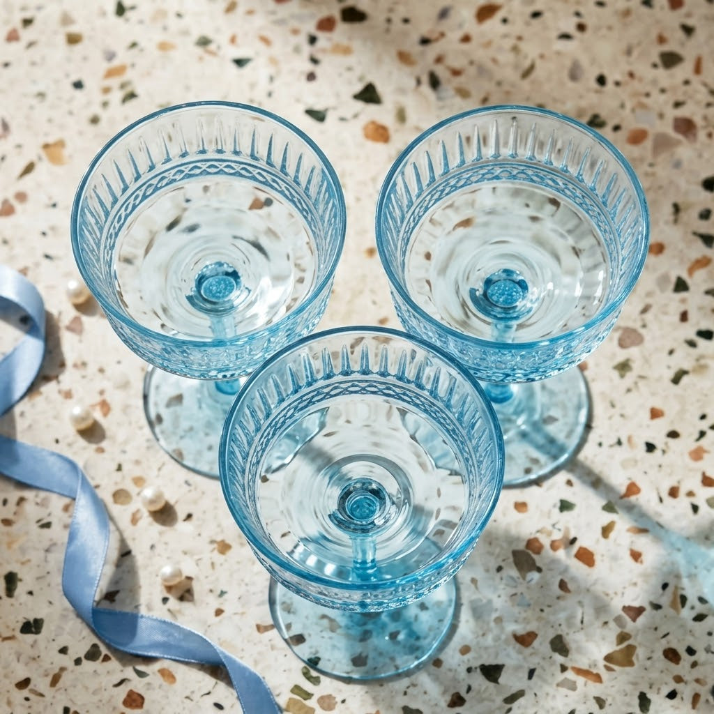 Vintage Blue Embossed Coupe Glass Set (Set of 6)