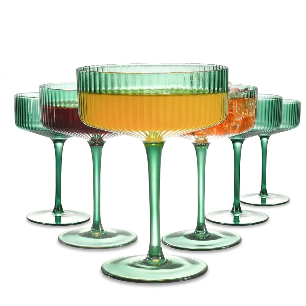 Emerald Green Fluted Glass Coupe Set (Set of 6)