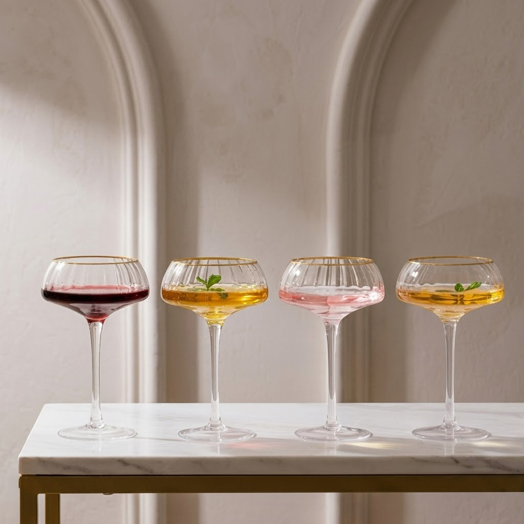 Gold-Rimmed Fluted Coupe Glass Set (Set of 4)