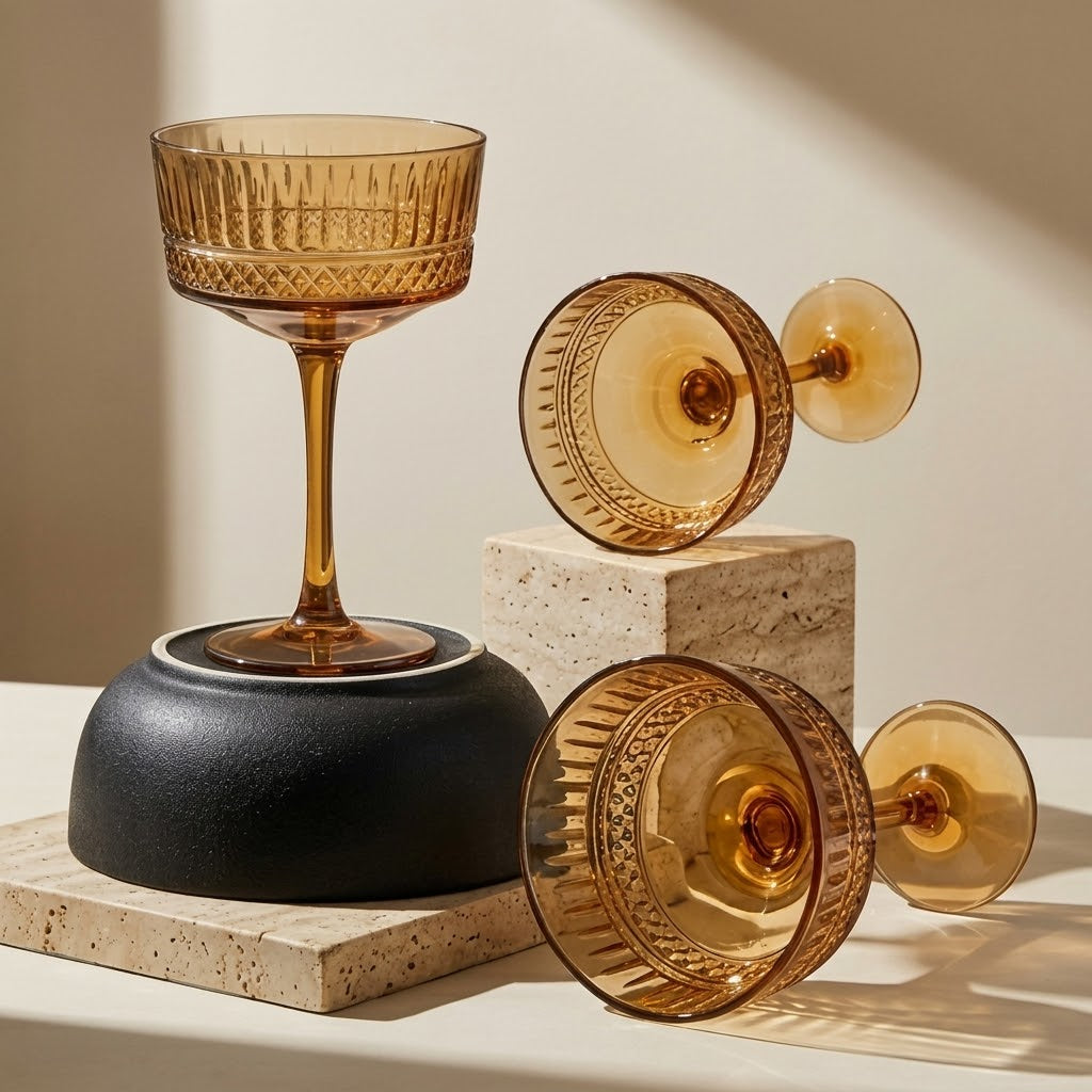 Vintage Amber Embossed Coupe Glass Set (Set of 6)