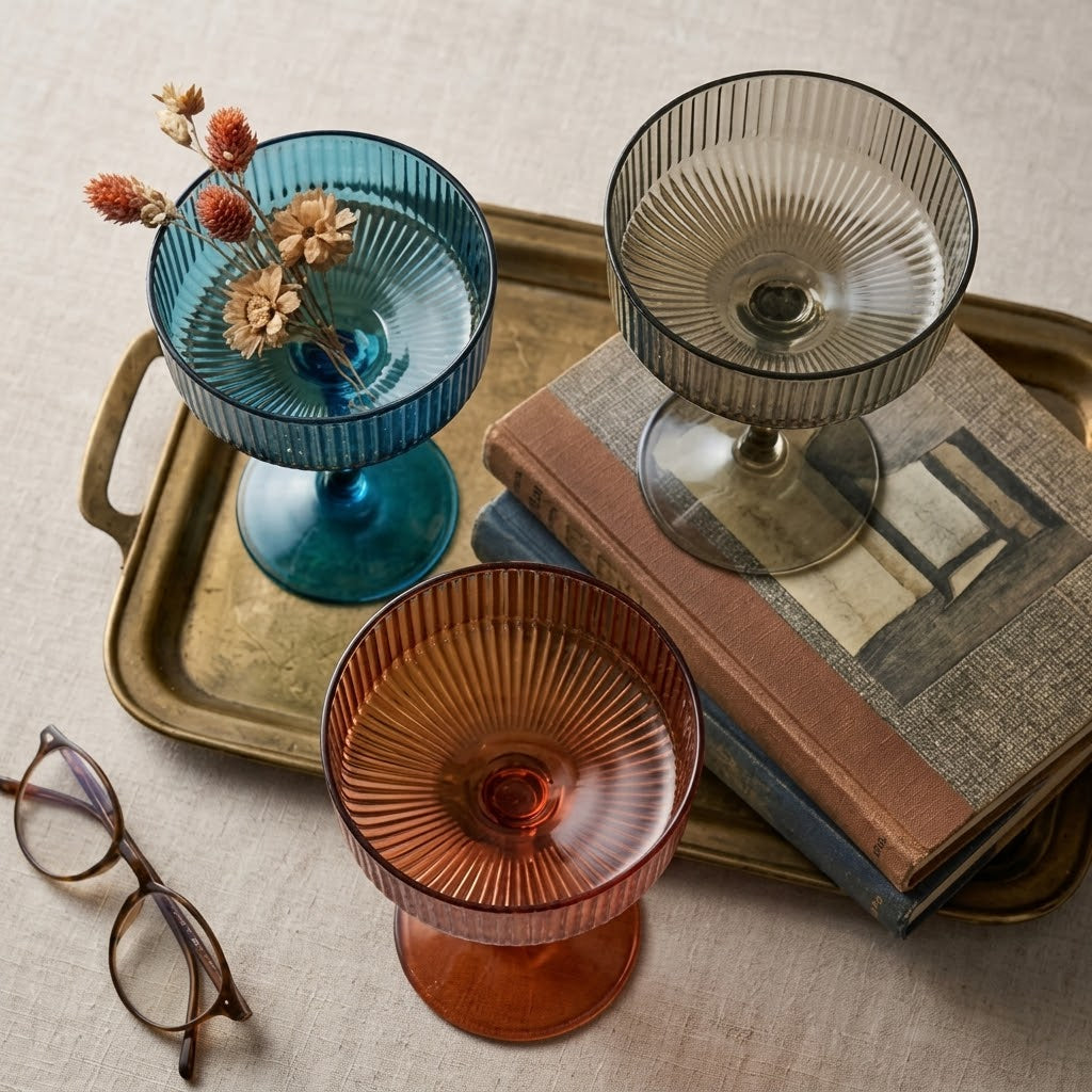 Jewel-Toned Ribbed Coupe Glass Set (Set of 5)