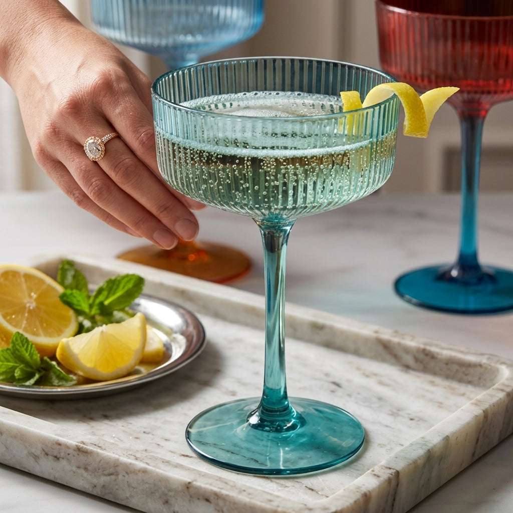Jewel-Toned Ribbed Coupe Glass Set (Set of 5)