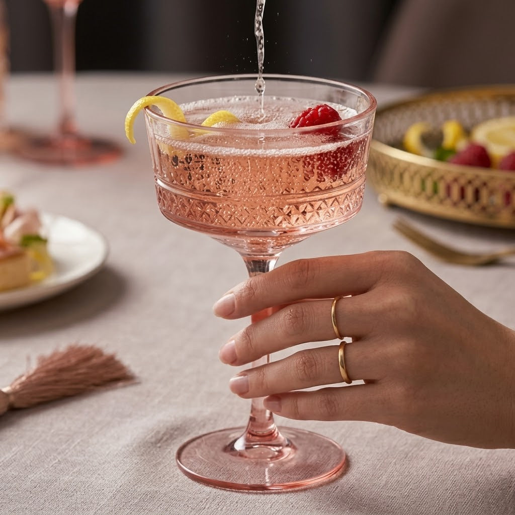 Vintage Rose Pink Embossed Coupe Glass Set (Set of 5)