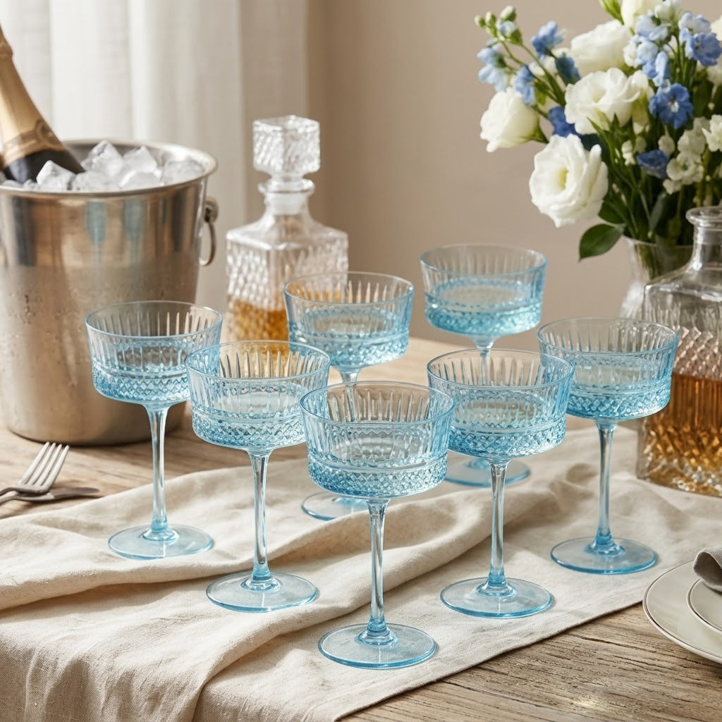 Vintage Blue Embossed Coupe Glass Set (Set of 6)