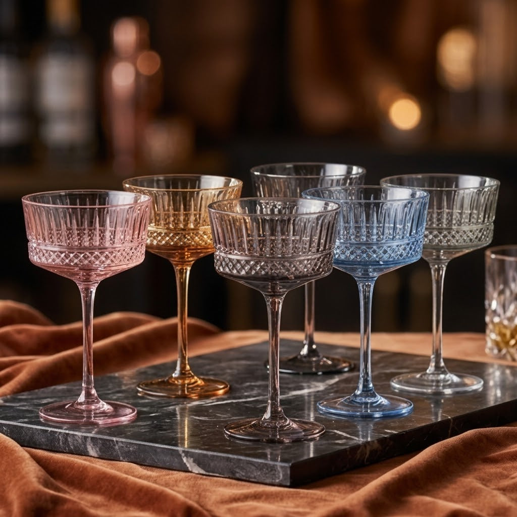 Vintage Multicolor Embossed Coupe Glass Set (Set of 6)