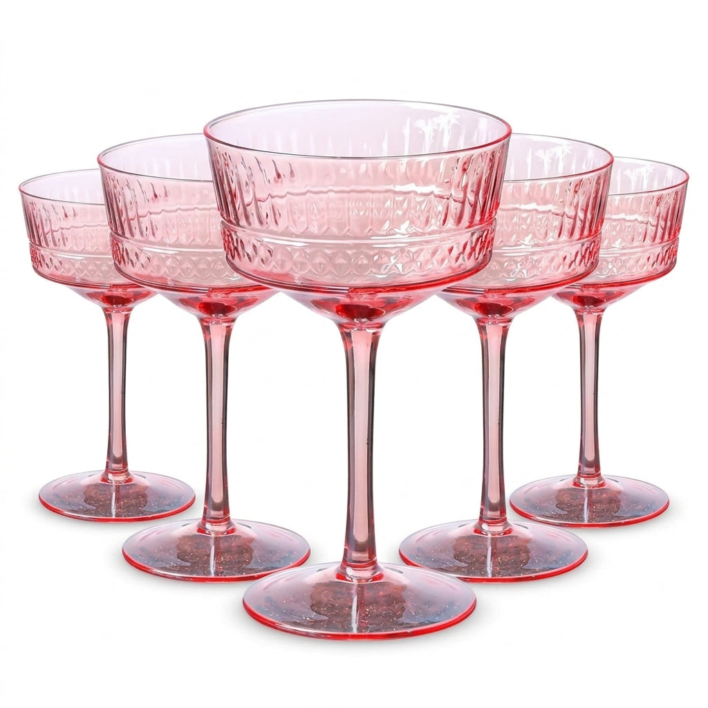 Vintage Rose Pink Embossed Coupe Glass Set (Set of 5)