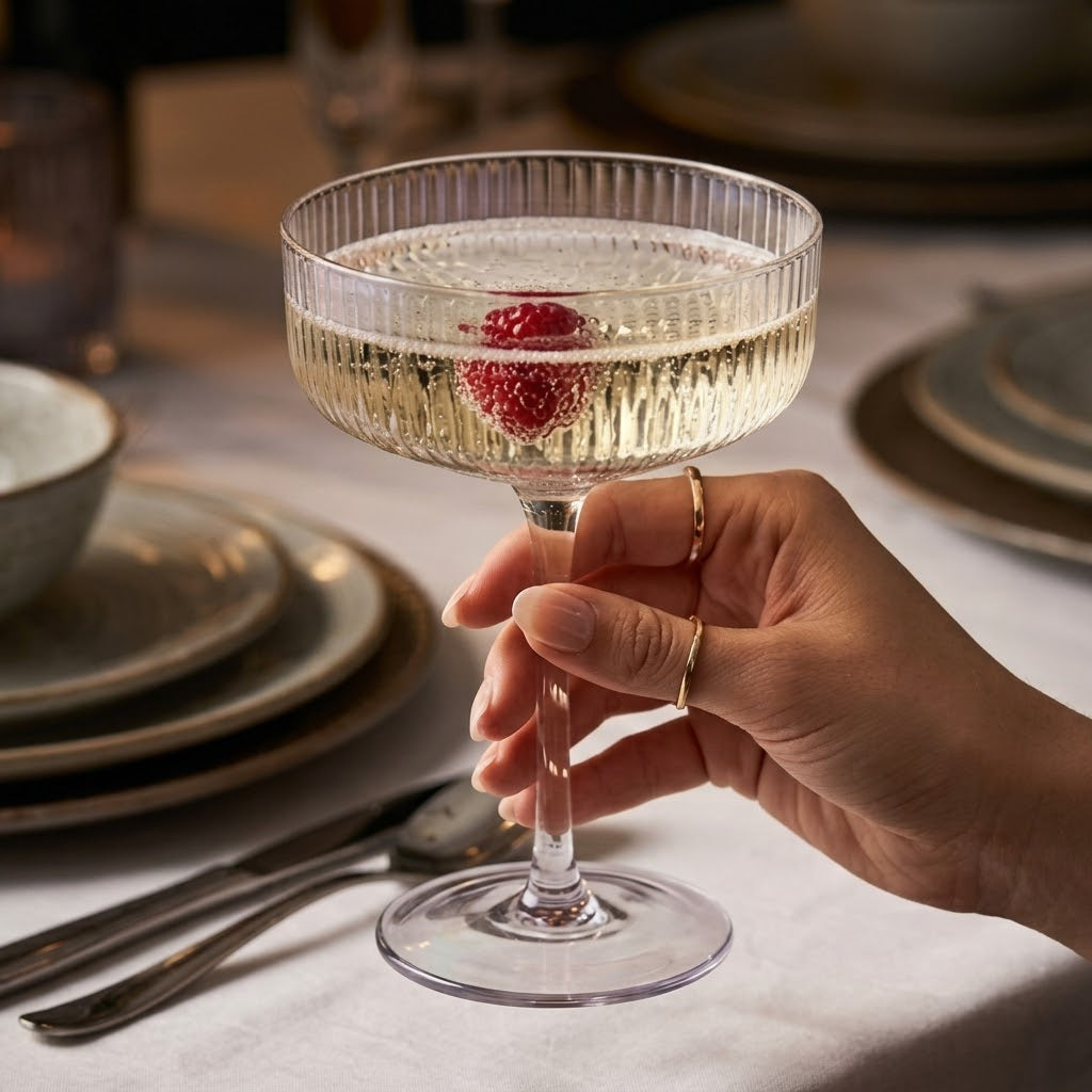 Iridescent Ribbed Coupe Glass Set with Gold Stems (Set of 6)