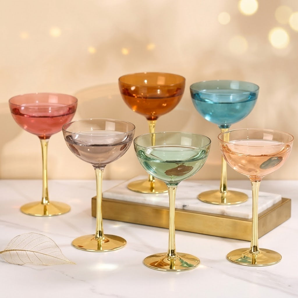Vibrant Spectrum Gold-Stemmed Coupe Cocktail Glass Set - 6 Pieces