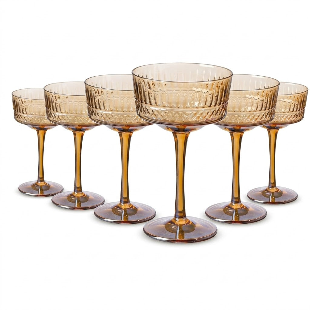 Vintage Amber Embossed Coupe Glass Set (Set of 6)