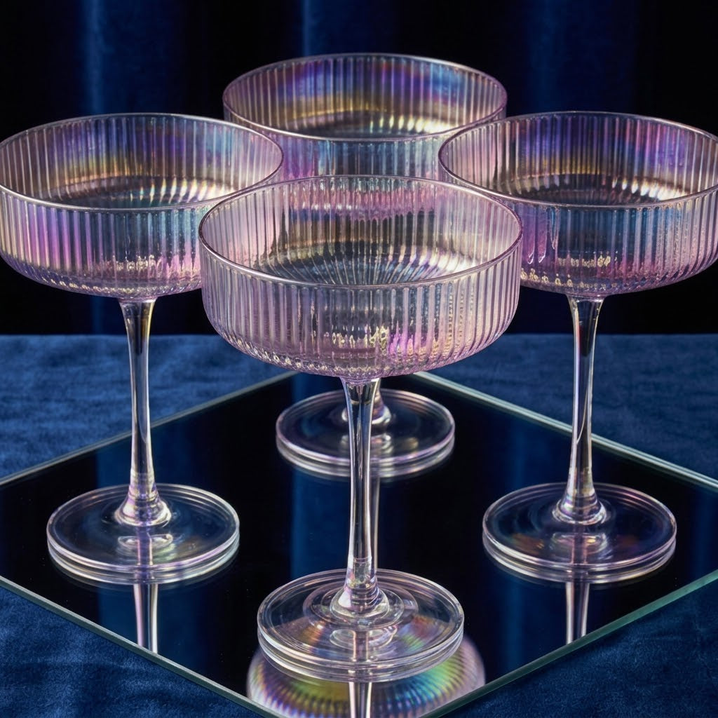 Iridescent Ribbed Coupe Glass Set with Gold Stems (Set of 6)