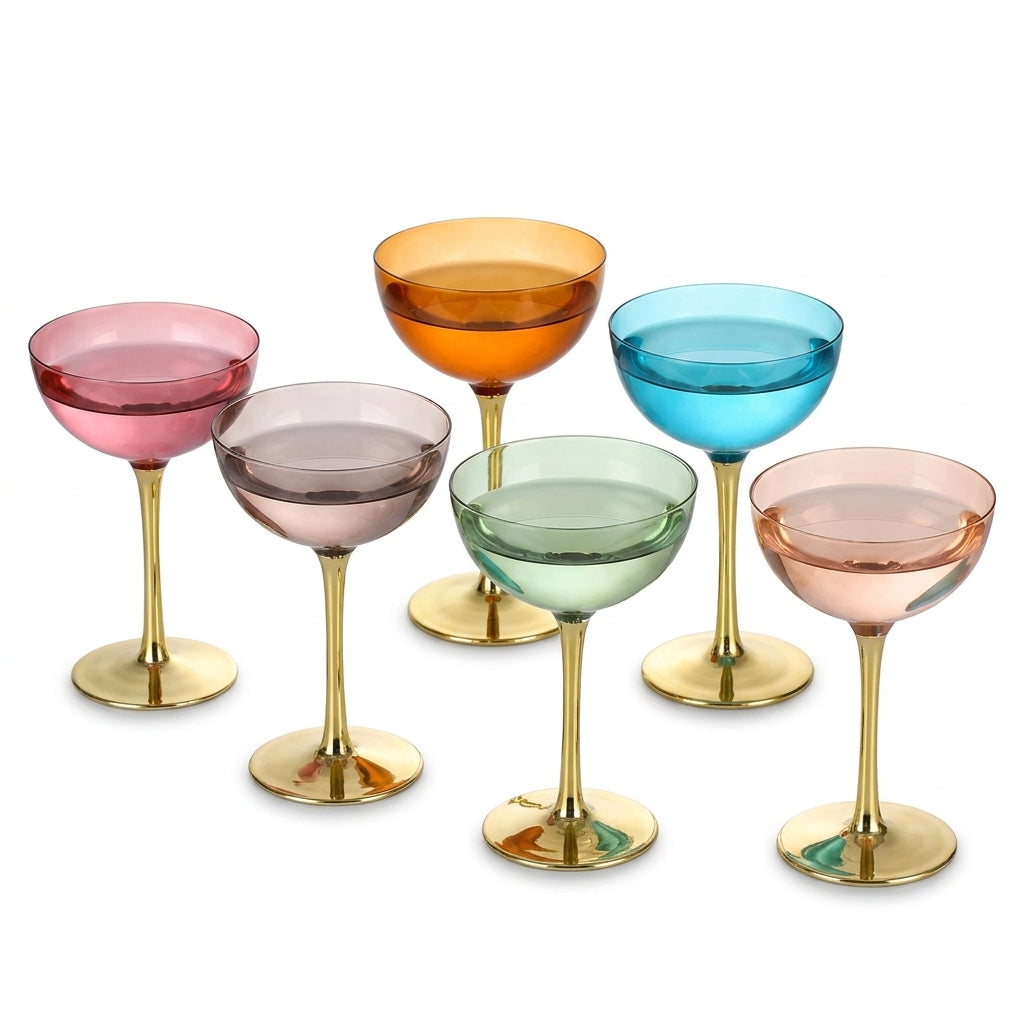 Vibrant Spectrum Gold-Stemmed Coupe Cocktail Glass Set - 6 Pieces