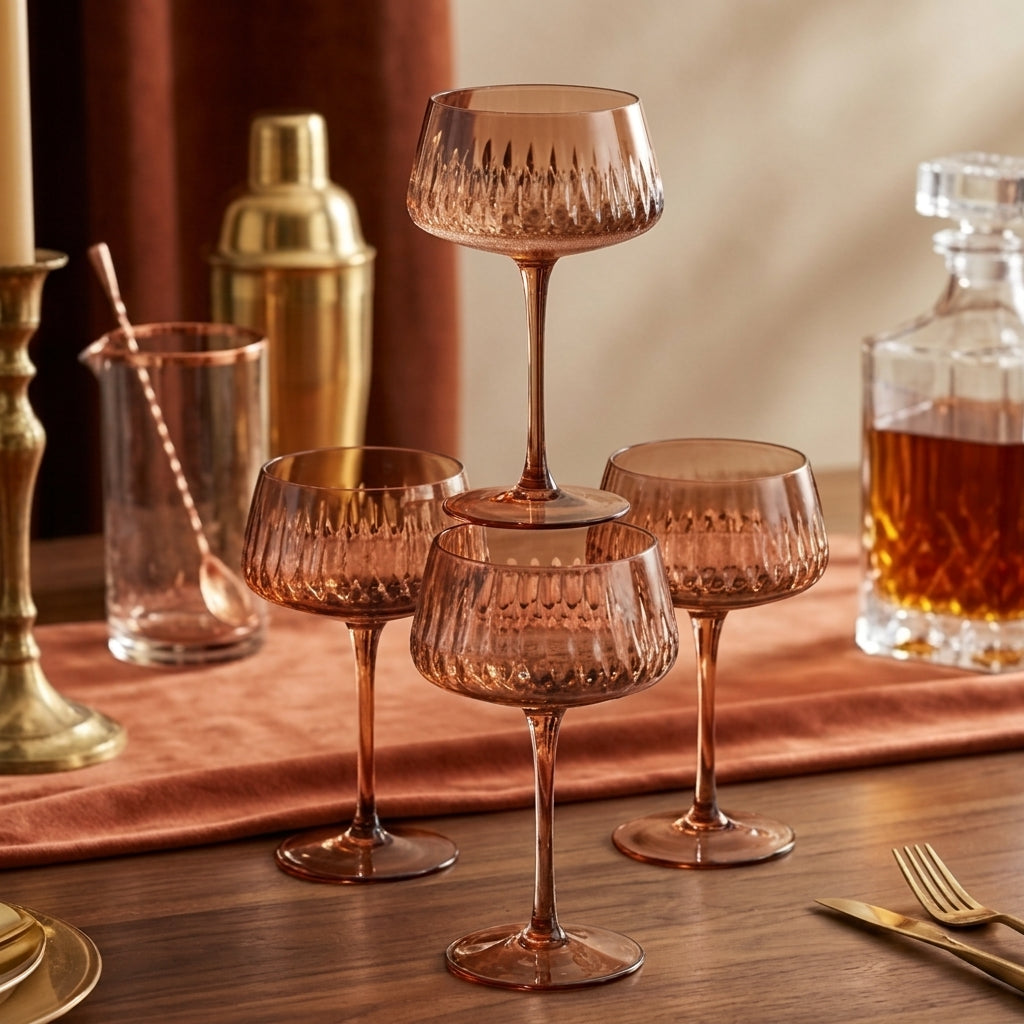 Smoky Mauve Faceted Coupe Glass Set (Set of 6)