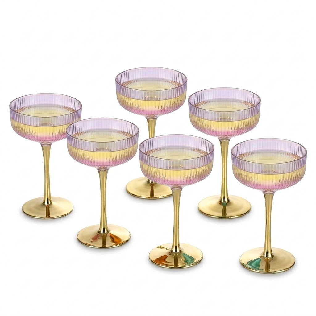 Iridescent Ribbed Coupe Glass Set with Gold Stems (Set of 6)