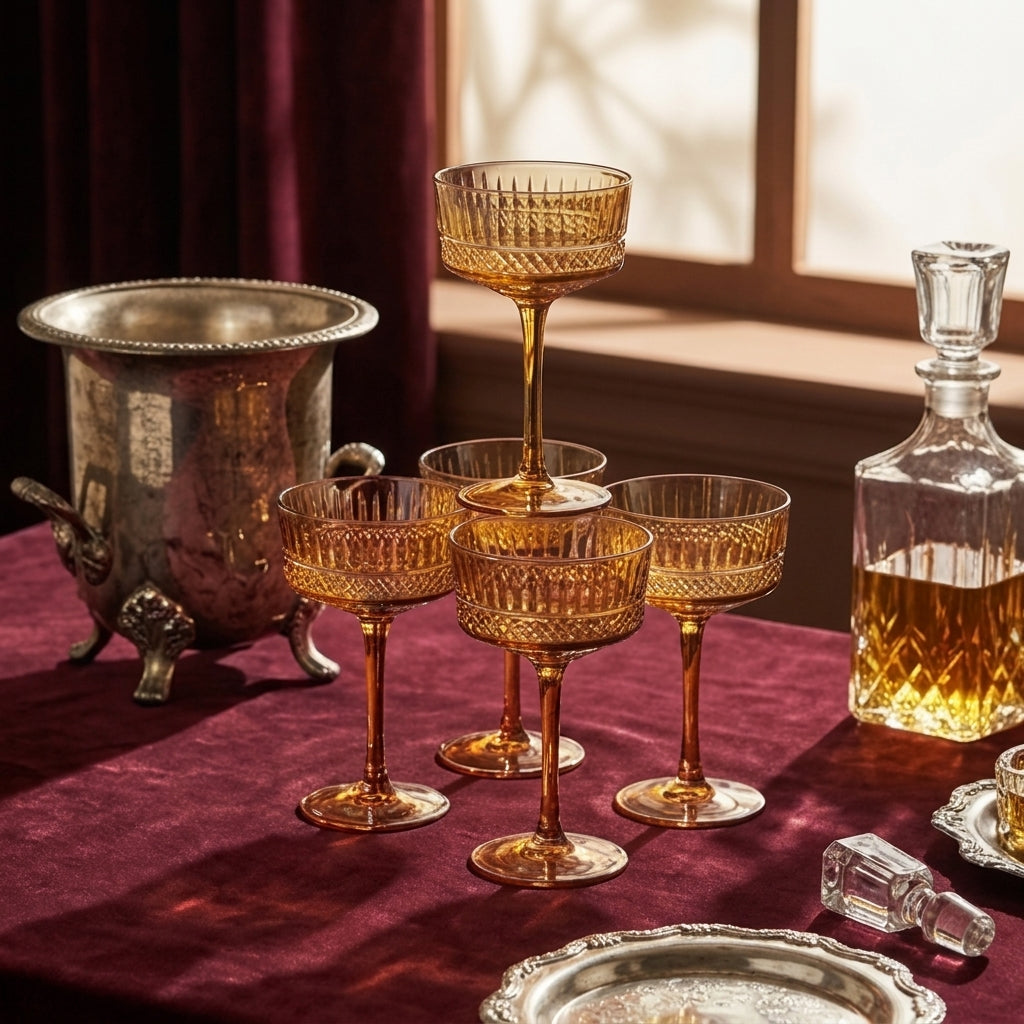 Vintage Amber Embossed Coupe Glass Set (Set of 6)