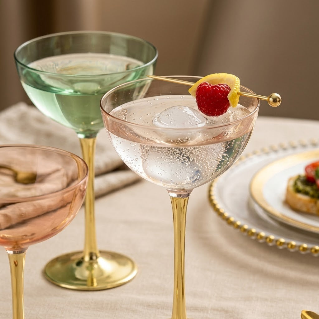 Vibrant Spectrum Gold-Stemmed Coupe Cocktail Glass Set - 6 Pieces