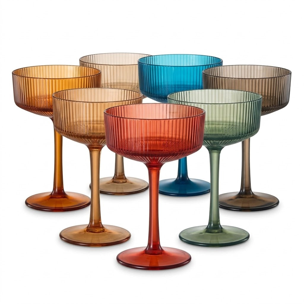 Jewel-Toned Ribbed Coupe Glass Set (Set of 5)